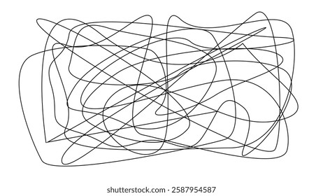 Dynamic arrangement of chaotic black wavy lines, intersecting and overlapping. Trippy patterns evoke feelings of energy, movement, and creativity. Psychological test concept. Nervousness confusion.