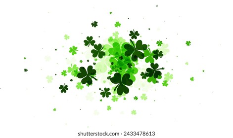A dynamic arrangement of clover leaves scattered across a white backdrop, with a concentrated cluster at the center fading outwards, ideal for festive St. Patrick's Day themes.
