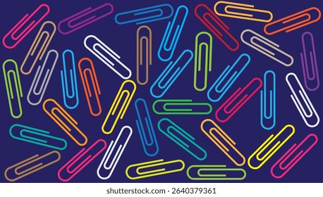 Dynamic arrangement of multicolored paper clips scattered across a vivid blue background, creating a lively and playful pattern that emphasizes organization and creativity