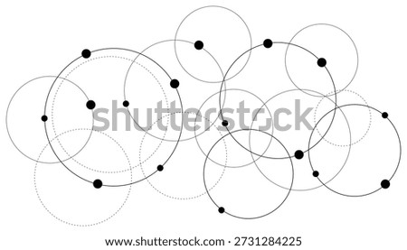 A dynamic arrangement of overlapping black circles and dashed lines with solid black dots forms an abstract geometric network.