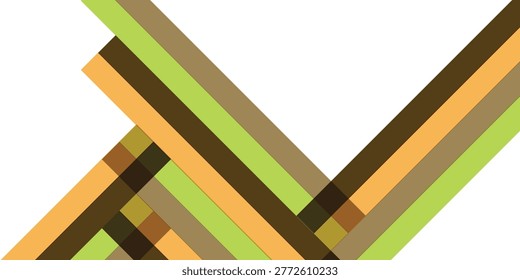A dynamic arrangement of overlapping diagonal stripes in shades of green, orange, and brown against a white background.
