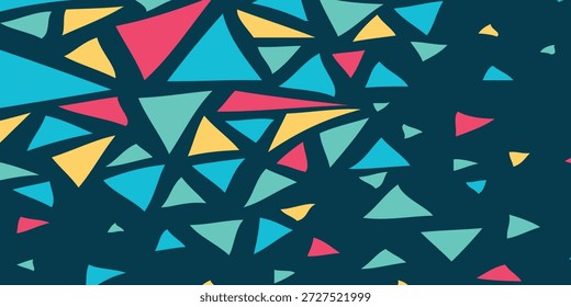 Una disposición dinámica de triángulos superpuestos en tonos de verde azulado, rosa y amarillo, creando un diseño abstracto moderno.