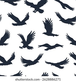 A dynamic arrangement of various birds in flight showcases their wings in different positions. The silhouettes contrast sharply against a clean white backdrop enhancing their graceful forms.