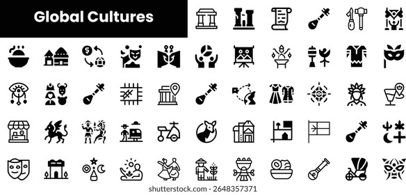 Uma matriz dinâmica de ícones em preto e branco representando várias culturas globais, representando elementos tradicionais, arte e celebrações em um layout visualmente coeso.