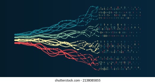A dynamic array of information consisting of multi-colored lines and waves. Data sorting process. Big data stream futuristic infographics. File structuring, machine learning. Big data visualization.