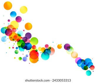 A dynamic array of translucent, multicolored bubbles soars across a white background, creating a lively and vibrant abstract scene.