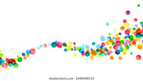 A dynamic array of translucent, multicolored bubbles soars across a white background, creating a lively and vibrant abstract scene.