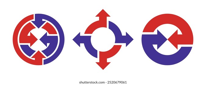 Conjunto de flechas dinámicas: conjunto de iconos de Vector de flechas circulares en todas las direcciones rojas y azules. Colección de flecha de dinámica de fusión, repelencia y conexión.