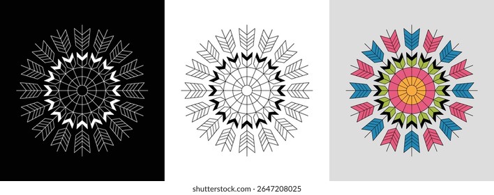 Dynamic arrow mandala with layered segments and bold color fills for striking decor.