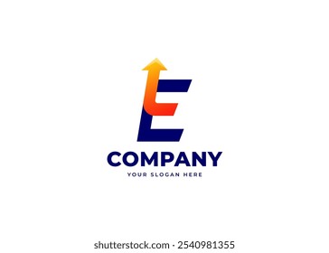 Dynamic Arrow on Letter E Gradient Logo Inspiration. Creative Initial Letter E with Arrow Icon Symbol Logo Design. Progress and Growth Branding for Company Identity. Alphabet Vector Logo Illustration.