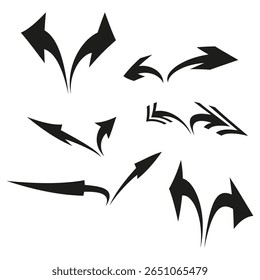 Dynamic arrow set. Curved pointer symbols. Abstract direction icons. Vector graphic elements.