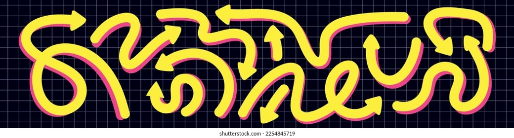 Conjunto de doodles de flechas dinámicas. Varias flechas juguetonas giran elementos de línea amarilla. Dirección de diseño rápida. Ilustración aislada de vector plano