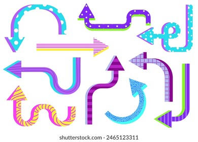 Dynamic arrows doodle set. Various playful arrow. Colorful swirl marker forms, pointing vector isolated elements for presentation