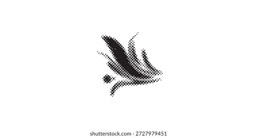 Un trazo de pincel de tinta negra dinámico y artístico, con una textura de punto semitono distintiva, creando un diseño abstracto moderno y gráfico sobre un fondo blanco limpio.