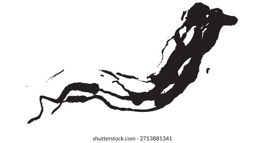 Um splash de tinta preta dinâmica e artística ou traçado de tinta, isolado em um fundo branco limpo, criando uma forma abstrata e fluida com várias gavinhas e seções mais espessas.