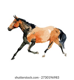 Ilustração artística dinâmica de um cavalo galopante poderoso, renderizado em um vetor estilo aquarela. Ideal para projetos equestres, temas da natureza, ou marca focada em animais.