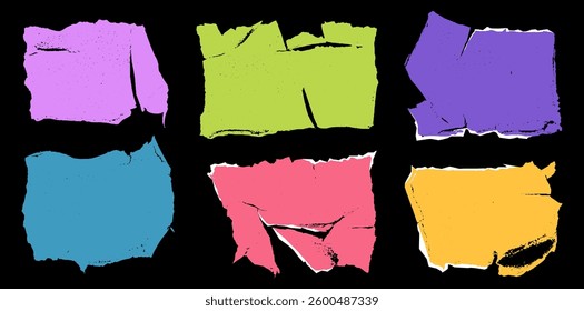 A dynamic assembly of torn paper shapes in striking colors forms an artistic collage, exuding creativity and vibrancy. Each piece adds a unique flair, inviting inspiration and imagination.