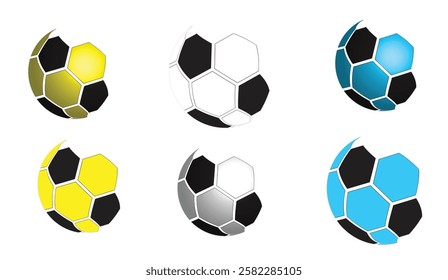 Dynamic assortment showcasing stylized soccer balls in different colors and grayscale variations, ideal for graphics and athletic themes