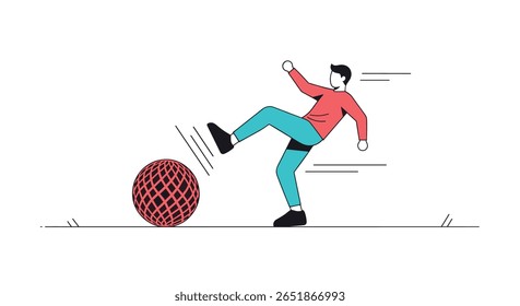 Atleta dinâmico chutando uma bola geométrica texturizada em um campo plano com linhas de movimento