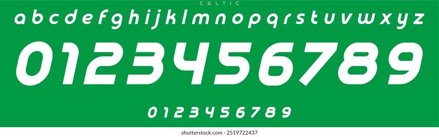 Dynamic athletic font, bold curved numbers and letters, streamlined sans serif for sports logos, energetic headlines, sports branding, jersey numbers, team merchandise. Vector typeset