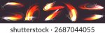 Dynamic attack effect collection with fiery swoosh elements - orange and red energy slashes, curved flame trails and combat strikes for action game animation. Glowing sword swipes with motion blur.
