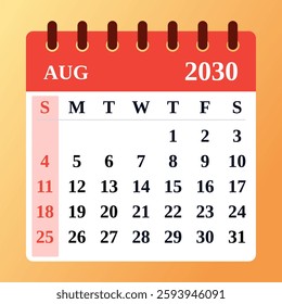 Dynamic August 2030 calendar with a summer-inspired look. Ideal for travel plans, work schedules, and daily organization.