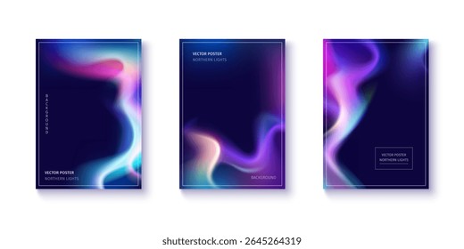 Dynamic aurora gradient background collection with cosmic northern lights. Smooth color transitions blend blue, pink and purple hues creating fluid abstract patterns. Premium modern vector posters.