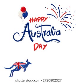 Gráfico dinámico del Día de Australia con una silueta de canguro saltando y fuegos artificiales explotando sobre letras festivas para materiales de marketing navideño.