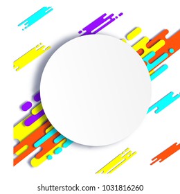 Dynamic Background with Diagonal Liquid Shapes. Abstract Texture in Memphis Style with White Round Label. Trendy Minimalistic Design Illustrating Speed. Bright Running Lines. Vector Background.