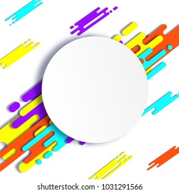 Dynamic Background with Diagonal Rounded Shapes. Abstract Texture in Memphis Style with White Round Label. Trendy Minimalistic Design Illustrating Speed. Bright Running Lines. Vector Background.