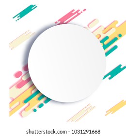 Dynamic Background with Diagonal Smooth Shapes. Abstract Texture in Memphis Style with White Round Label. Trendy Minimalistic Design Illustrating Motion. Bright Running Lines. Vector Background.