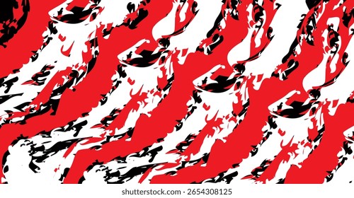 Dynamic background features diagonal streaks, splashes, and irregular blotches of bright red, stark white, and deep black, generating an energetic and visually stimulating pattern.