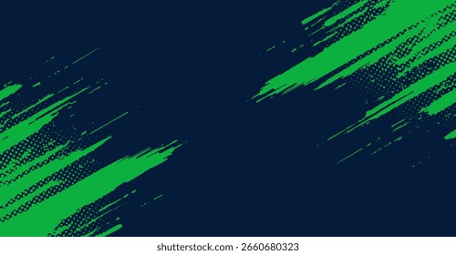 Um fundo dinâmico com pinceladas diagonais verdes abstratas e pontos de meio-tom sutis em um fundo marinho profundo cria uma textura visual arrojada e moderna