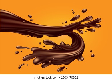 Dynamic background. A jet of liquid glossy chocolate with splashes and drops on a yellow background.