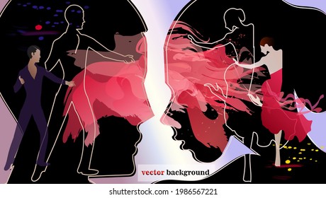 Dynamic background. a man and a woman in a dance, with a combination of watercolors and silhouettes


