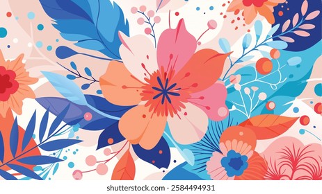 A dynamic background with splashes of watercolor in shades of pink, blue, and orange forming delicate floral patterns. flower background