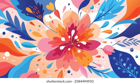 A dynamic background with splashes of watercolor in shades of pink, blue, and orange forming delicate floral patterns. flower background