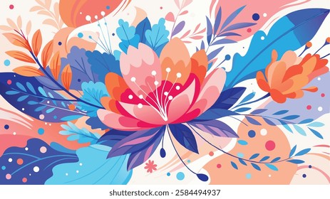 A dynamic background with splashes of watercolor in shades of pink, blue, and orange forming delicate floral patterns. flower background