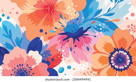 A dynamic background with splashes of watercolor in shades of pink, blue, and orange forming delicate floral patterns. flower background
