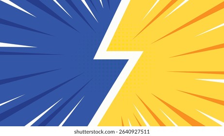 A dynamic background split diagonally with blue on the left and yellow on the right, featuring a white zigzag in the center and radiating comic-style lines.