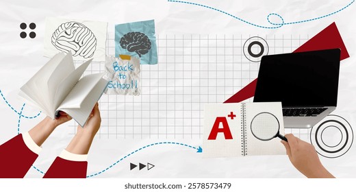 A dynamic back-to-school collage showing hands holding a book, notes, and a laptop, conveying themes of education and success, ideal for academic designs.
