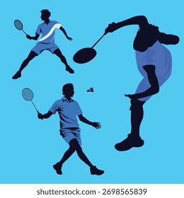 Jogador de badminton dinâmico em ação definido em fundo azul isolado