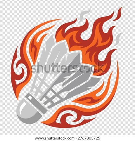Dynamic badminton shuttlecock graphic with intense fiery flames and tribal elements in motion