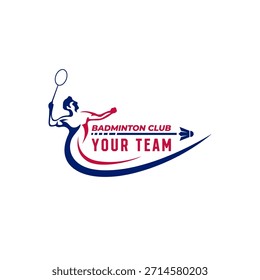 Logotipo dinámico de un torneo de bádminton con un volante y una raqueta que simbolizan velocidad, agilidad y competencia.