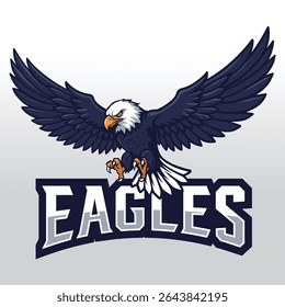 Dynamic bald eagle illustration soaring above bold "EAGLES" text, perfect for sports teams, logos, and athletic branding, symbolizing strength and power