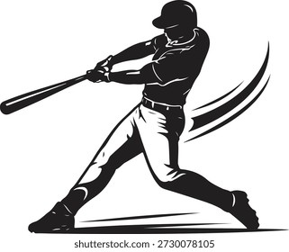 Silhueta de rebatedor de beisebol dinâmico em ação oscilante poderosa, capturando o momento de contato durante um golpe. Postura atlética forte com linhas de movimento, mostradas em negrito preto estilo vetor plano, isolado em fundo branco. Ideal para logotipos de beisebol, marcas esportivas, mascotes da equipe, cartazes, impressões de vestuário, gráficos de jogos, materiais de treinamento e ilustrações esportivas competitivas.