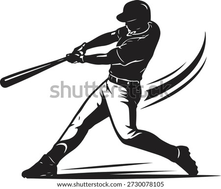 Dynamic baseball batter silhouette in powerful swinging action, capturing the moment of contact during a hit. Strong athletic posture with motion lines, shown in bold black flat vector style, isolated on white background. Ideal for baseball logos, sports branding, team mascots, posters, apparel prints, game graphics, training materials, and competitive sports illustrations.