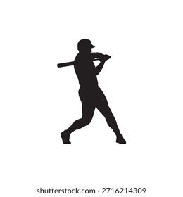 Silueta dinámica del jugador de béisbol que muestra a un bateador balanceando el bate en pose de acción. Ideal para diseños deportivos, eventos de béisbol, marca deportiva, gráficos de equipo, carteles e ilustraciones de juegos competitivos. Obra de arte de Vector limpia y totalmente editable.