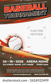 Dynamic baseball tournament poster template with ball, bat, lightning and grungy elements and place for your photo - vector illustration