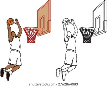 Dynamic basketball dunk vector illustration, player jumping to basket, athletic performance icon, sports competition.